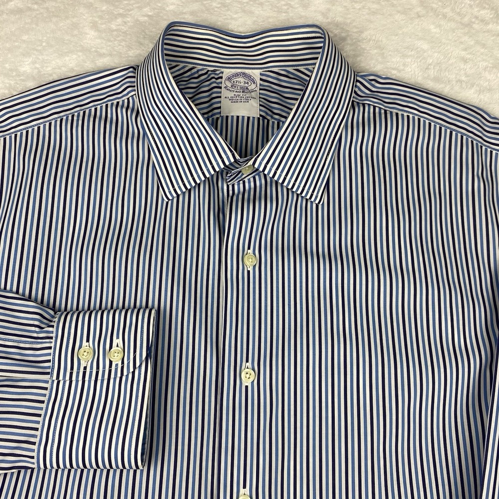 Brooks Brothers Dress Shirt Mens 17.5-34 Blue/White Stripe Slim Fit Purple Label